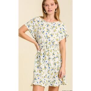 Umgee Blueberry & Lemon Print Ruffled Hem Tie Waist Mini Dress Size Large